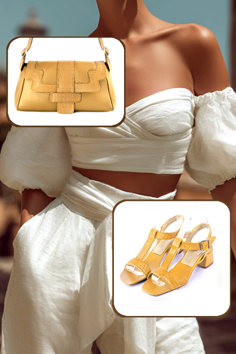Women's mustard yellow elegant fully open instep strap sandals. Square toe. Low flare heels - Worn view